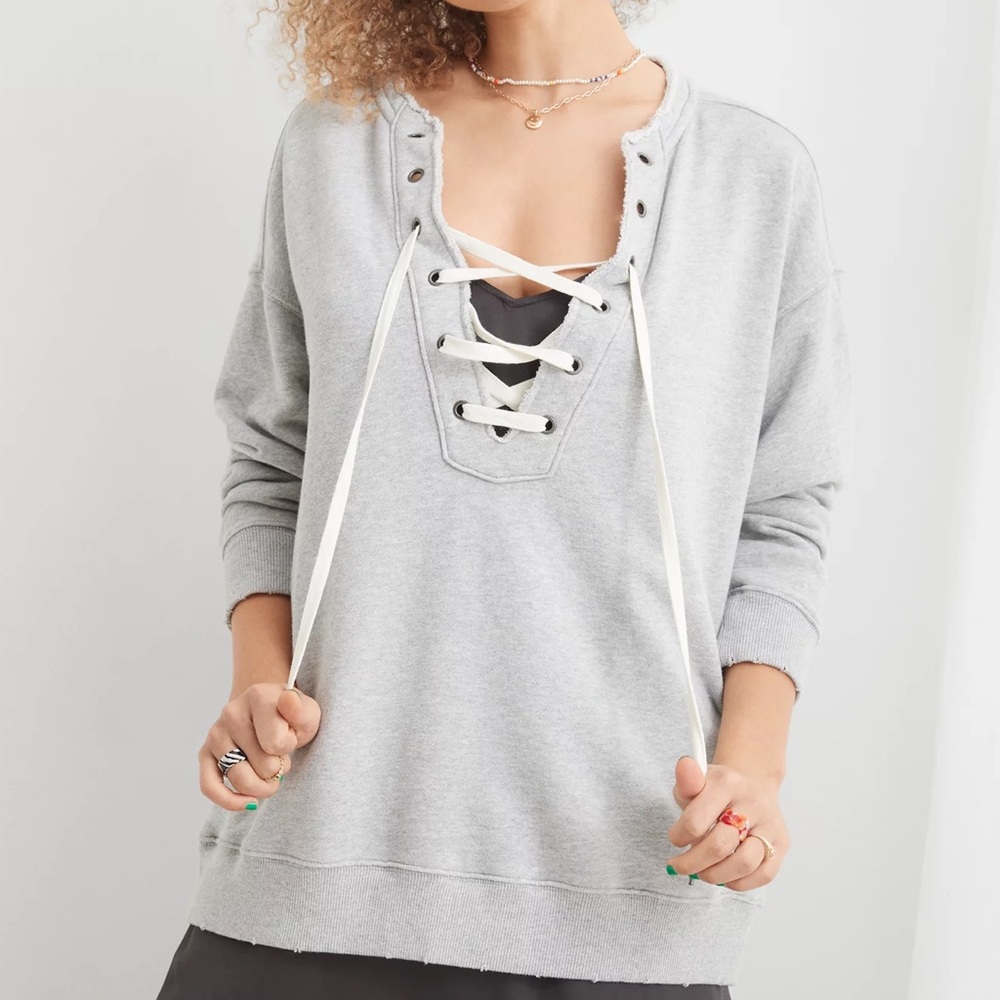 Aerie Lace Up Oversized Crew Sweatshirt in Gray - Picture 1 of 4